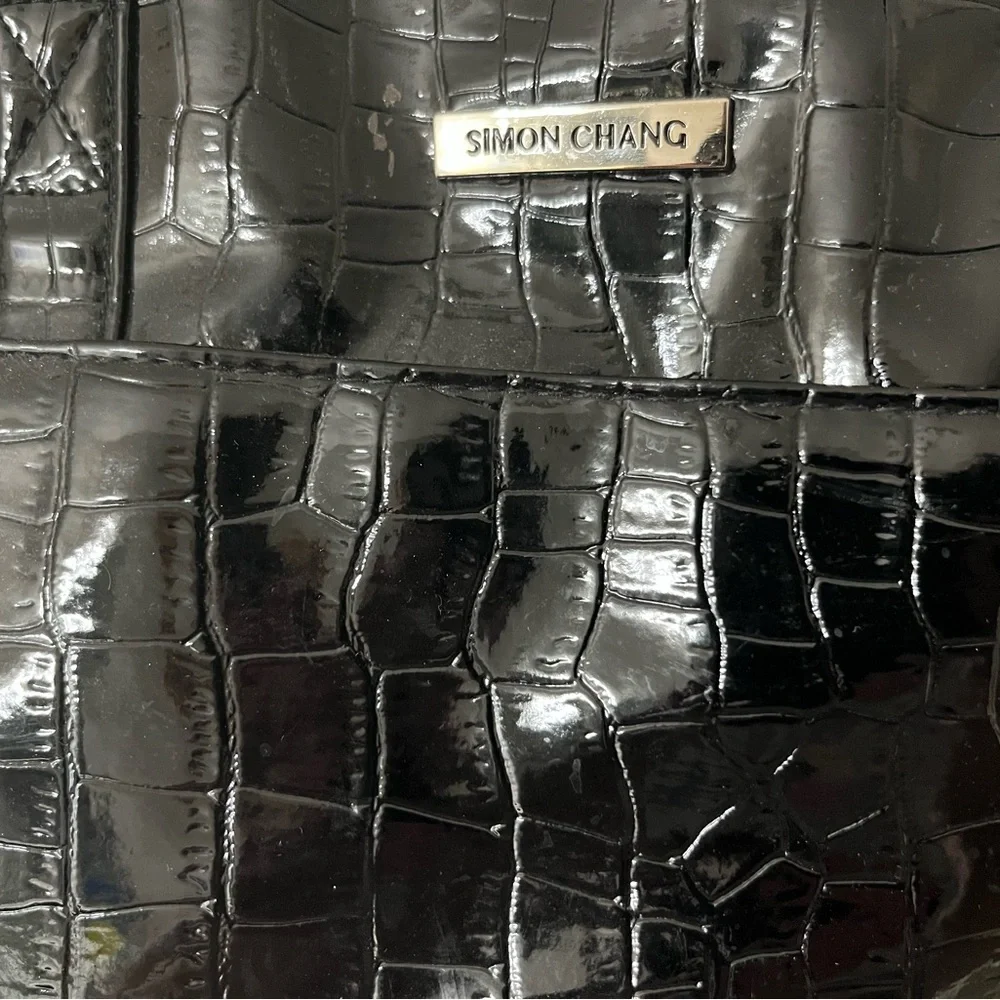 Simon Chang Glossy Black Croc-Embossed Patent Handbag - Picture 2 of 5